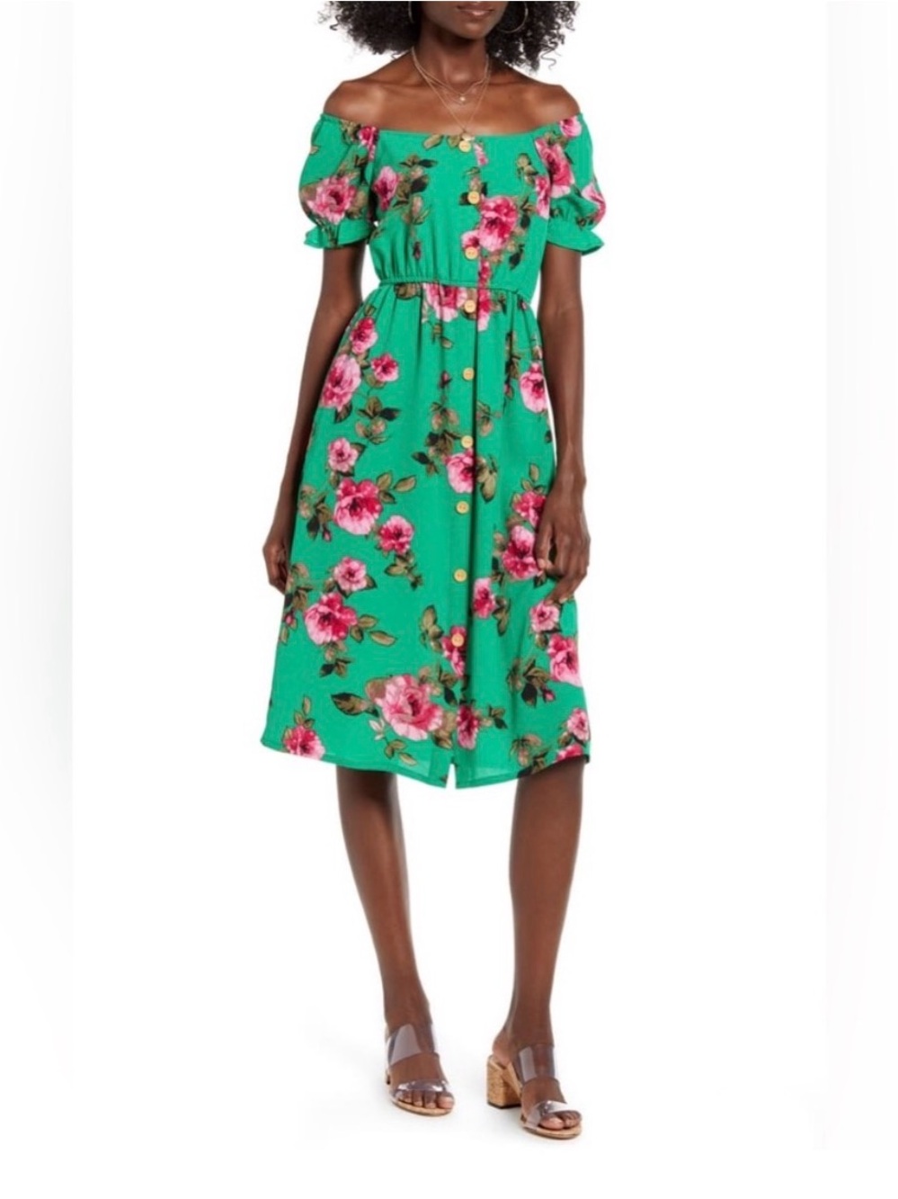 Ten Sixty Sherman Off Shoulder Puff Sleeve Green Floral Midi Dress Small